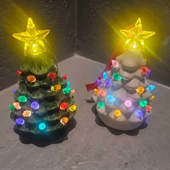 Set of 2 Mini 5" Ceramic Nostalgic Christmas Tree Ornaments Battery Operated - Picture 2 of 4
